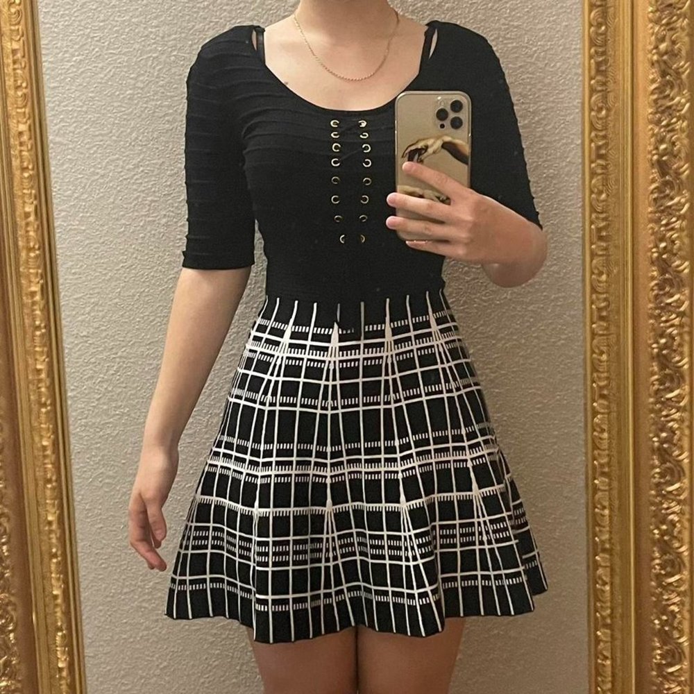 Candie's Womens Dress Textured Lace-Up Sweater Mini Y2K Black White Size Small